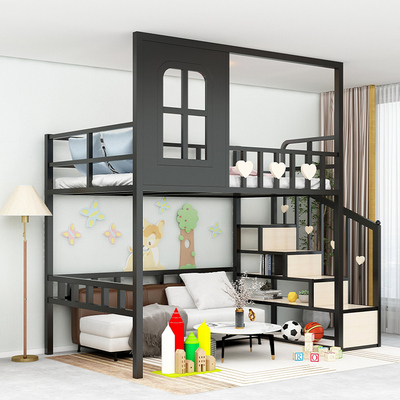 覆式二楼床阁楼铁架双层儿童半高架床低上铺床悬下桌空现代简约