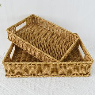 手工仿藤编织筐长方形水果盘客厅家用茶点心零食餐厅小吃篮子托盘