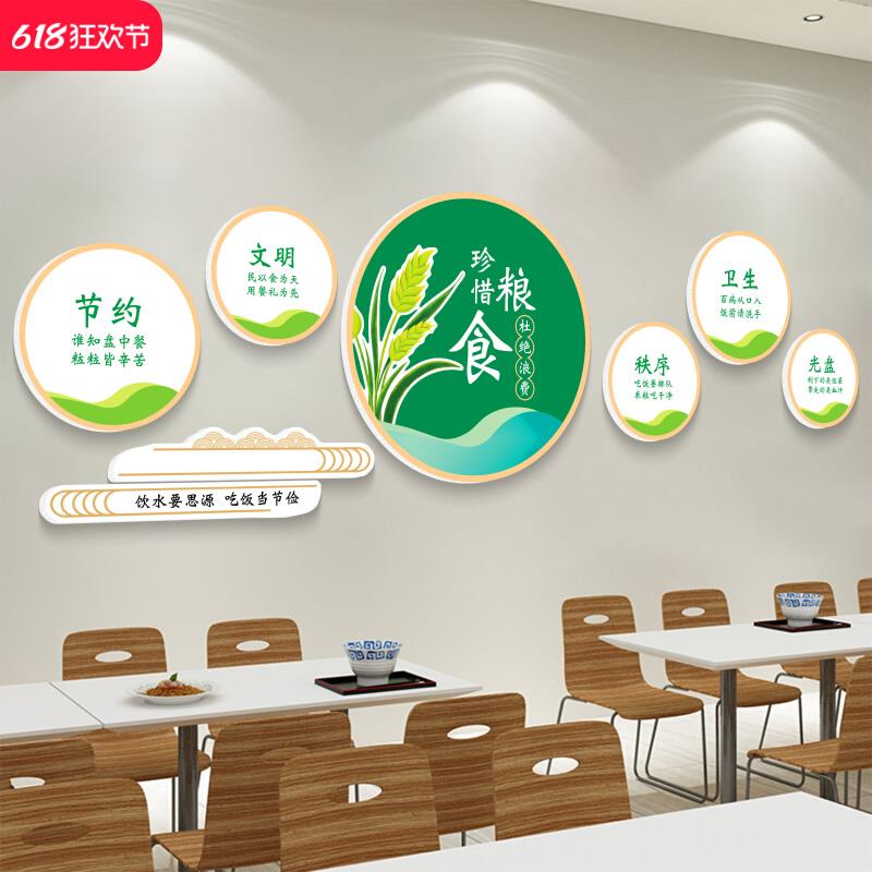 食堂文化墙贴纸员职工餐饮厅学校节约粮食宣传标语饭店墙面装饰画