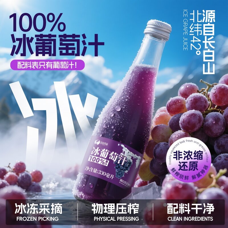 100%冰葡萄汁NFC纯果汁非浓缩还原果汁北冰红葡萄原汁330ml*6瓶