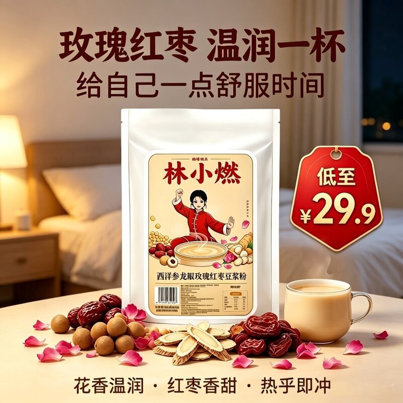 到手20杯林小燃豆浆粉 西洋参龙眼玫瑰红枣速溶豆浆粉健康早餐