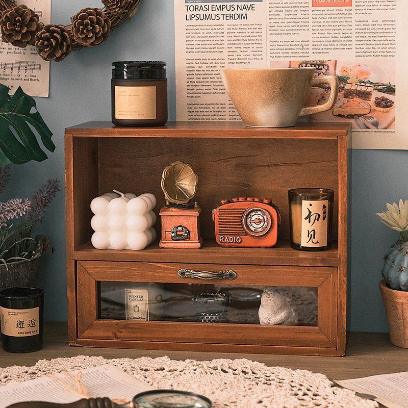 桌面置物架木质玻璃化妆品香水置物架复古梳妆台办公书桌盲盒收纳