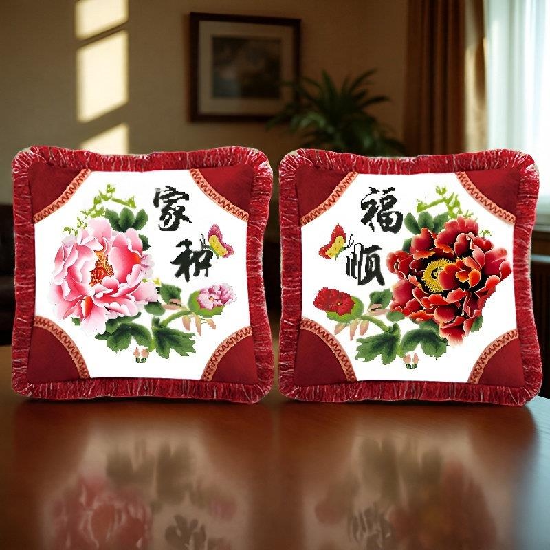 自己手工刺绣十字绣抱枕一对蕾丝高档花边中国风花草类客厅沙发枕