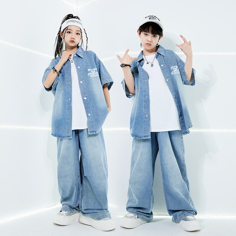 街舞儿童潮c服演出服男童牛仔套装hiphop童装嘻哈走秀女架子鼓爵