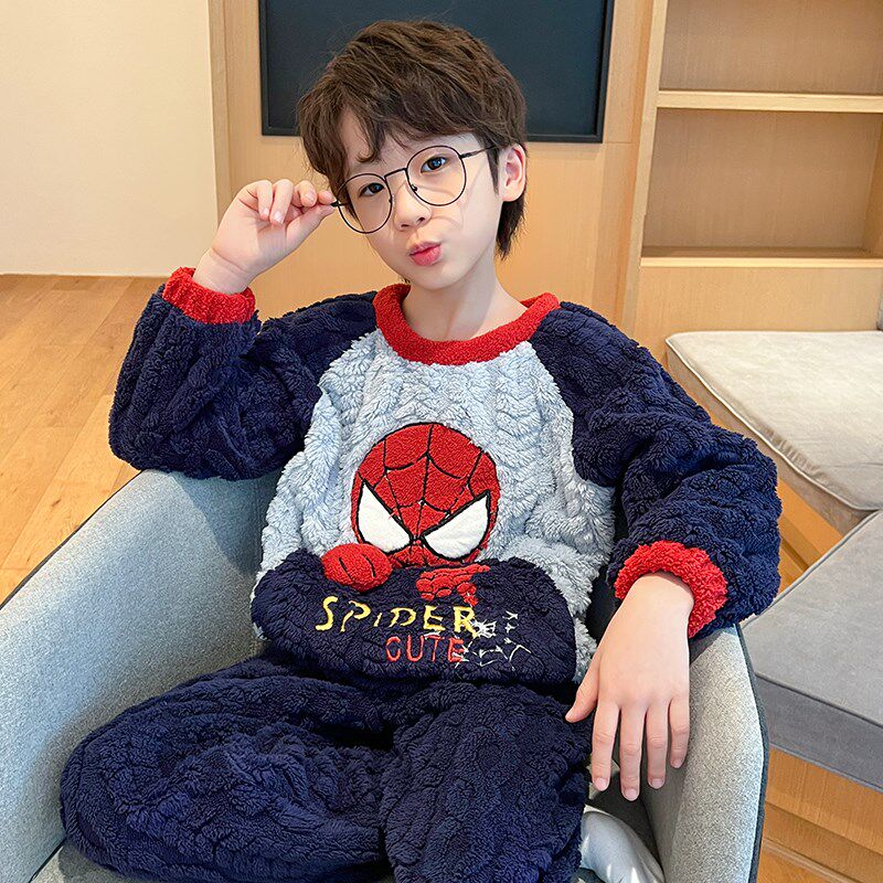 儿童睡衣法兰绒男童卡通恐龙珊瑚绒睡衣J睡裤秋冬款加厚家居服套