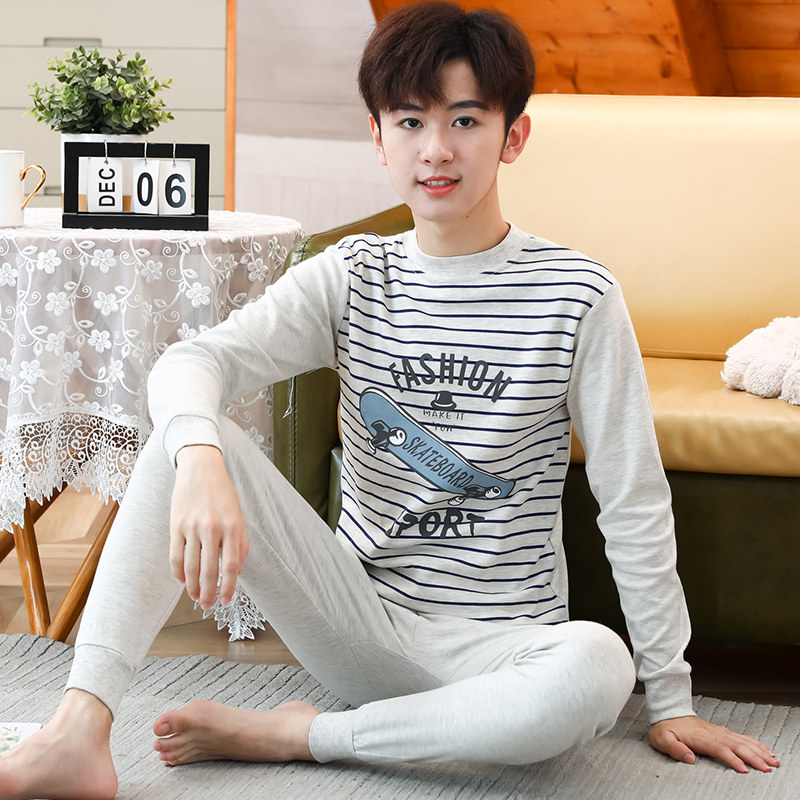 男大童秋衣卫生裤套装纯棉中大童青少年全棉线衣儿童打.底中领睡