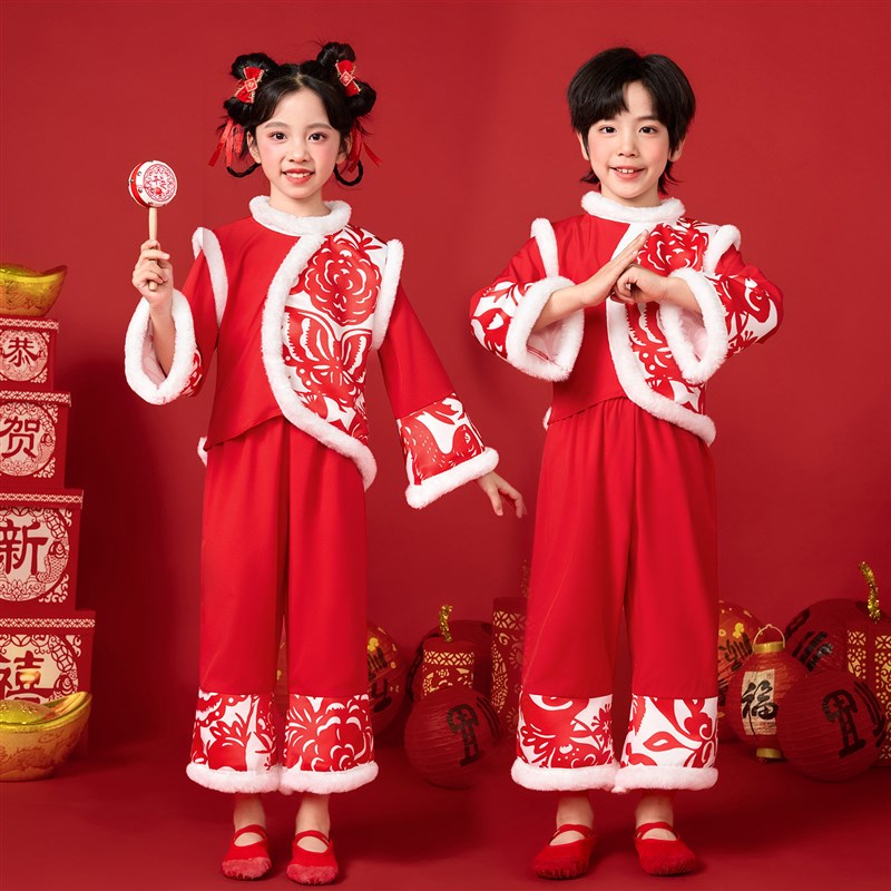 元旦儿童演出服喜庆m中国红新年秧歌服幼儿打鼓团体民族风表演服