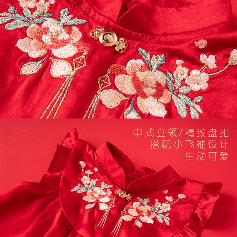 楠衫真丝旗袍桑蚕丝女童汉服红色喜庆花I童花朵刺绣周岁礼服抓周