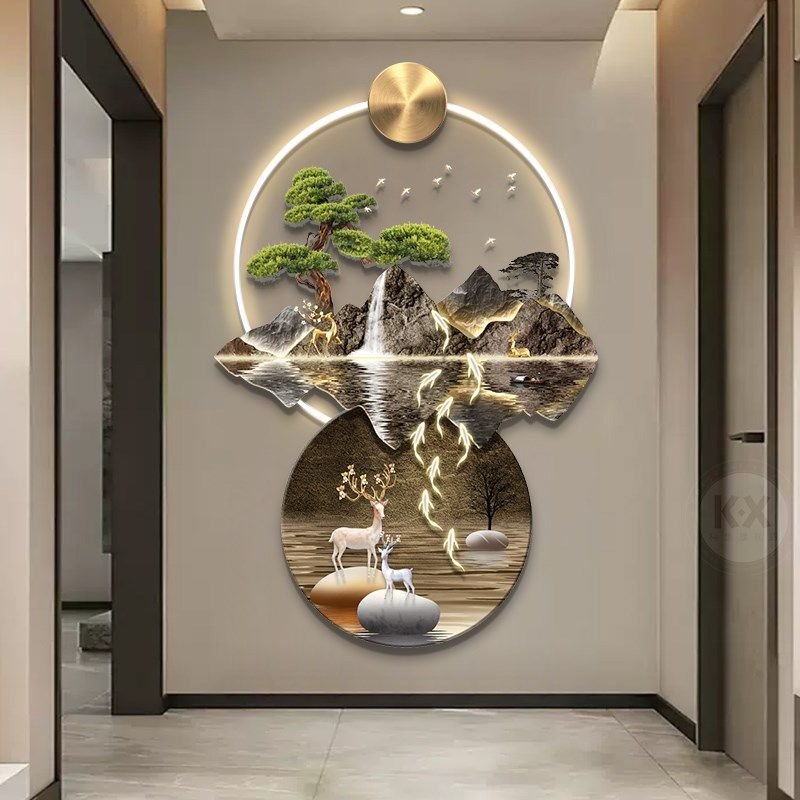 流水生财山水画玄关带灯装饰画入户门H正对墙挂画客厅走廊过道壁