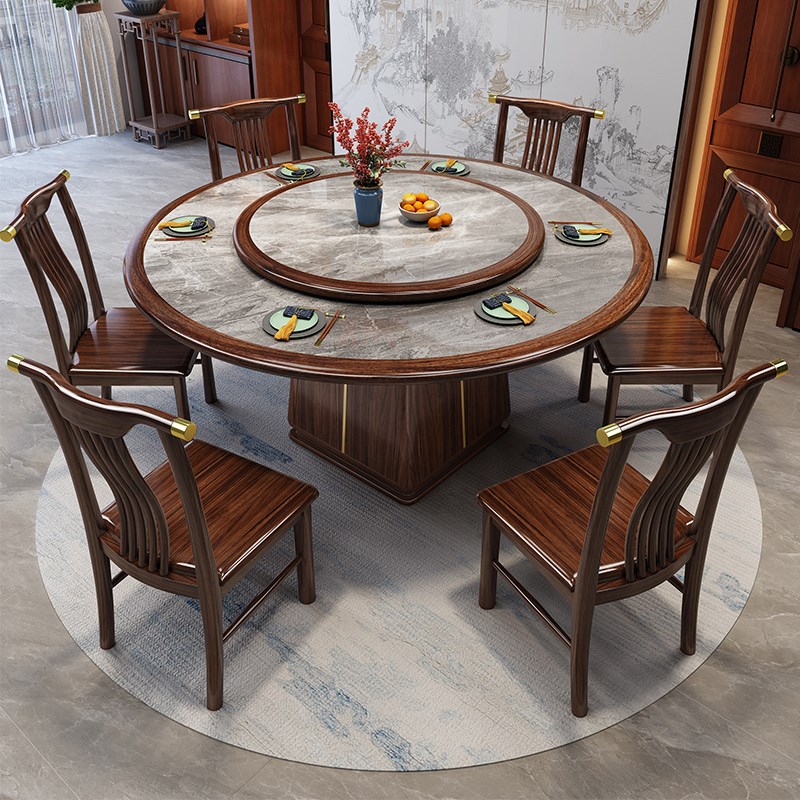 新中式乌金木实木餐桌椅组合岩板大圆桌饭桌O家用餐厅酒店饭店桌