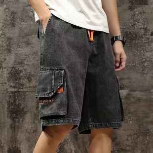 宽松大码 夏季 休D闲松紧腰薄款 耐磨工装 多口袋牛仔短裤 五分裤 男士