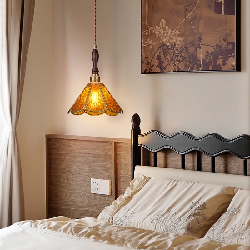 复古法式黄铜纯手工焊锡灯美式风格床头餐厅过道彩色Y玻璃小吊灯