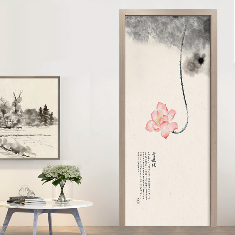 新中式荷花房门贴画自粘古典荷韵防水定制O整张翻新软装装饰贴纸