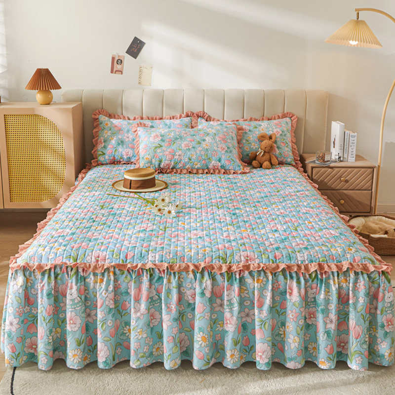 春秋韩版夹棉床裙式床罩单件田园风荷G叶花边床围裙保护套四季通