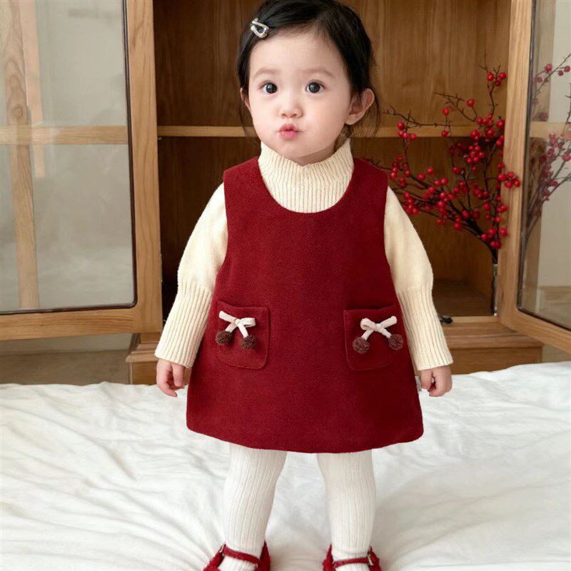 女童连衣裙2025秋冬拜年服加绒喜庆背心裙套装公T主裙女宝周岁礼