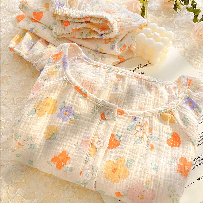 纯棉睡衣女款春秋季长袖100%y全棉纱布家居服胖MM宽松婴儿棉纱套