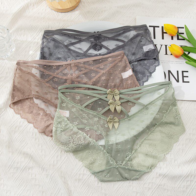 大码内裤女胖mm蕾丝中腰性v感新款纯欲网纱透明纯棉裆薄无痕三角