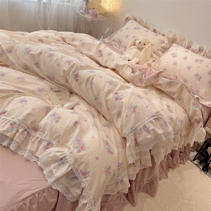 仙女款荷叶边全棉四件套公主风w纯棉被套少女心1.8m床裙款斜纹床