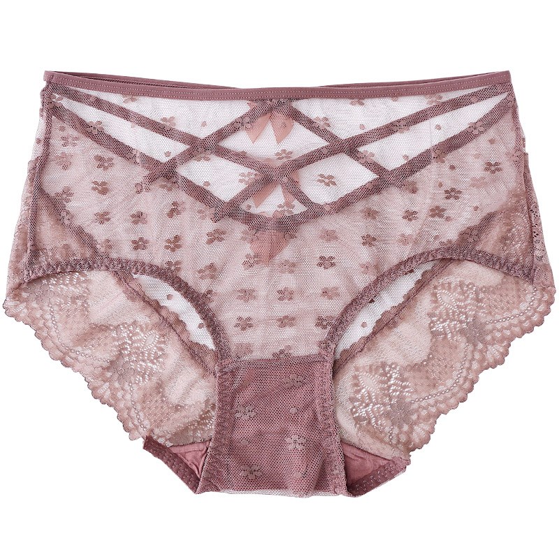 大码内裤女胖mm蕾丝中腰性感新款纯欲网纱透P明纯棉裆薄无痕三角