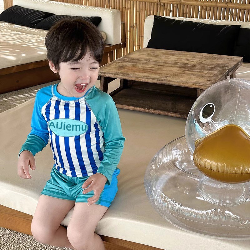 夏季新款男童泳衣儿童分体长袖z防晒泳装中大童宝宝海边度假套装