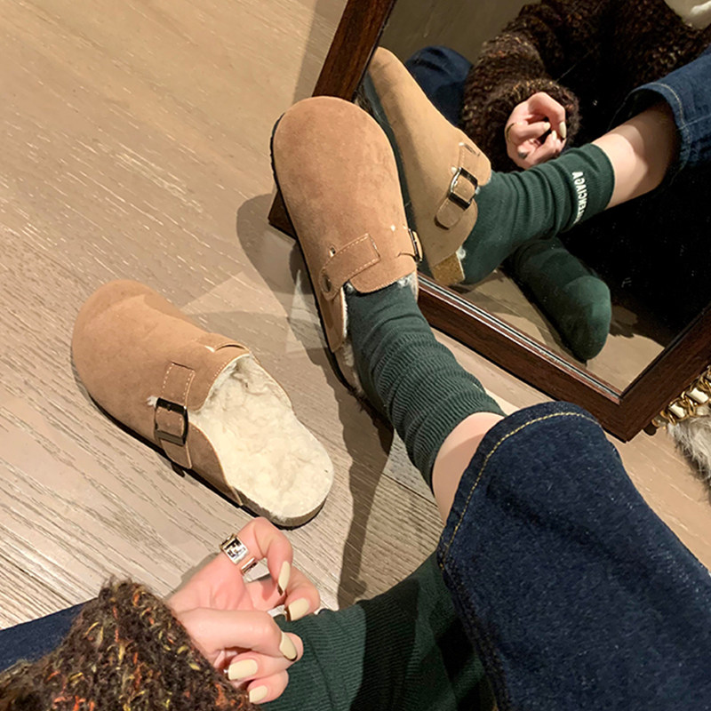 牛皮版~勃肯鞋足弓支撑加绒毛毛拖鞋女秋冬包头半拖厚底博肯鞋男