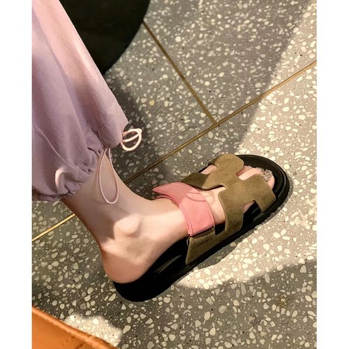 【限时88】二舅h拖鞋女夏季外穿真皮厚底魔术贴平底女式凉拖鞋子