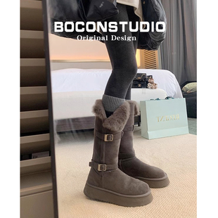 油叽叽~厚底增高灰色雪地靴女冬季保暖加绒加厚棉鞋两穿东北长靴