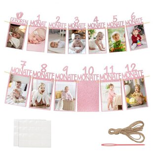 法语字母1st Birthday周岁生日布置宝宝一周岁12个月德语照片拉旗