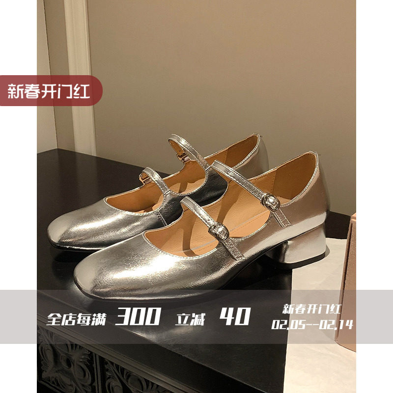 新品FairyWink怦然心动～！法式复古方头漆皮浅口玛丽珍鞋女粗跟图片