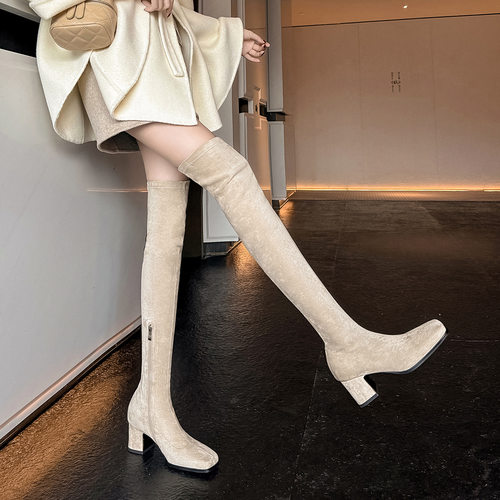 性感显瘦绒面粗跟过膝长靴女秋冬中跟长筒靴子百搭方头瘦瘦弹力靴