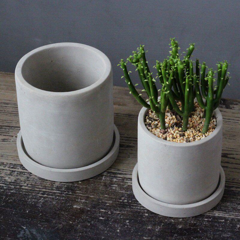 圆柱形水泥花盆 仙人球多肉花盆带接水托盘桌面盆栽 厂家直销