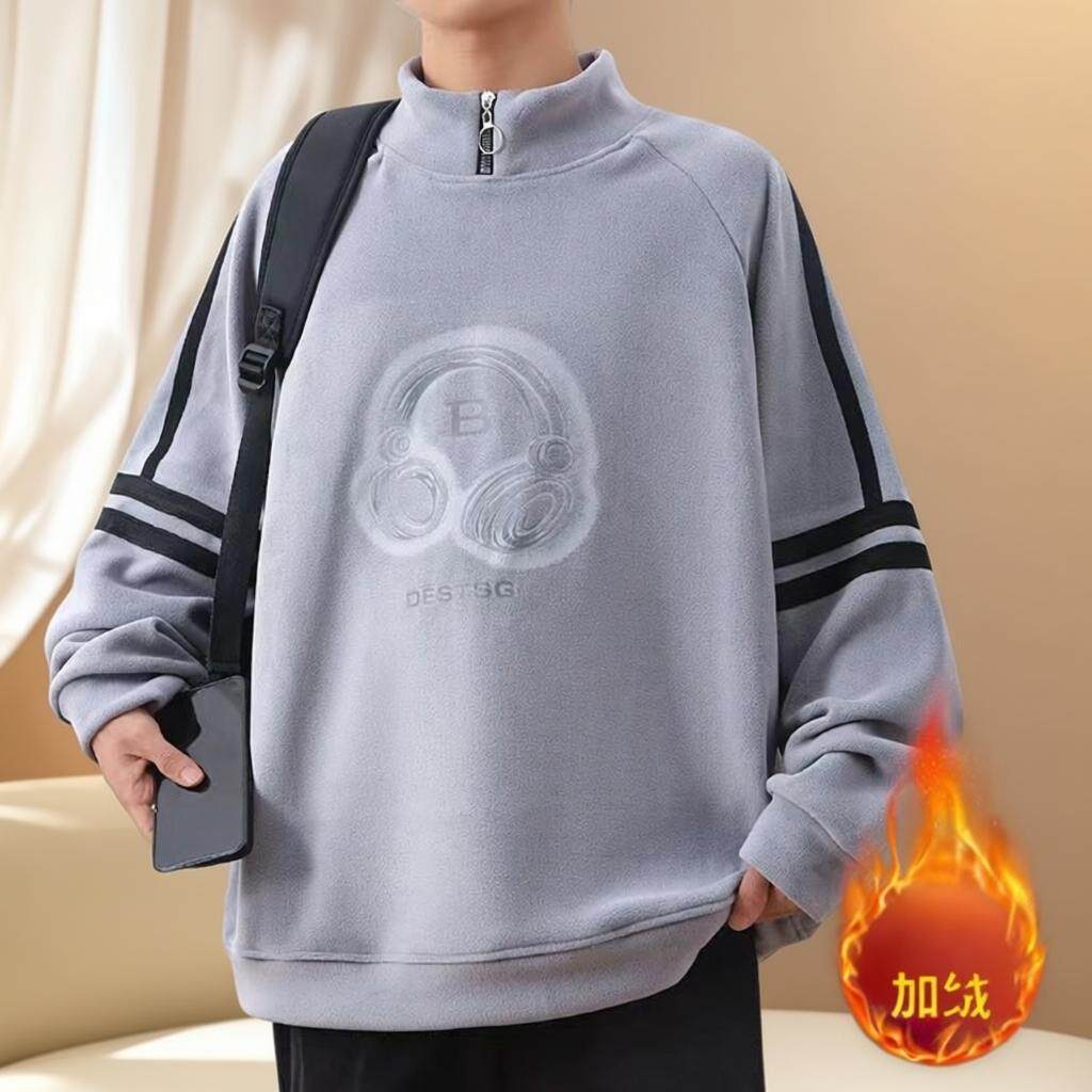 秋冬青少年加绒加厚半高领男卫衣