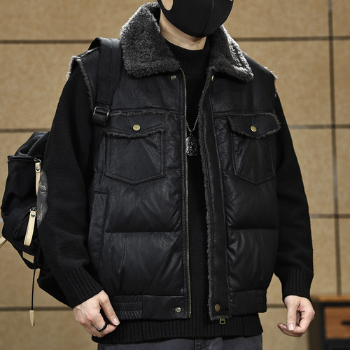 羊羔毛领皮衣马甲男保暖背心外套