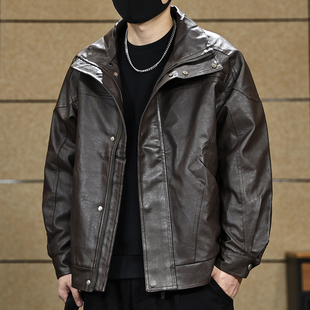 美式复古软皮衣外套男秋季潮牌宽松硬汉痞帅机车工装夹克男春秋款