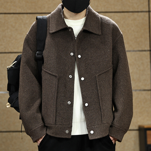 美式双面羊绒短款呢子大衣男士冬季重磅960g翻领保暖毛呢夹克外套