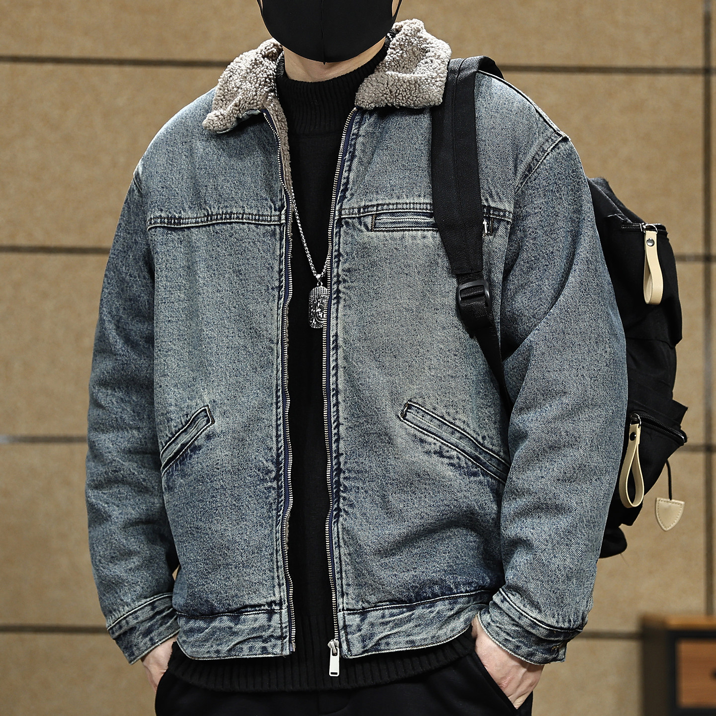 美式原浆丹宁羊羔绒牛仔外套男2025冬季新款加绒加厚保暖棉服夹克