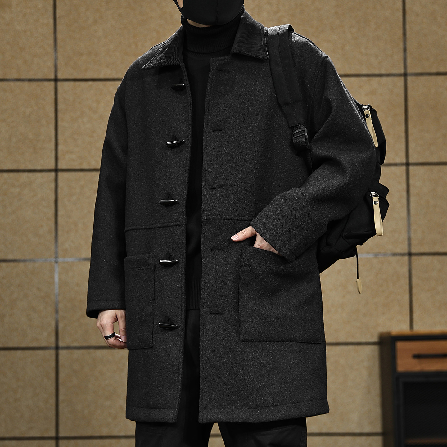 高端中长款毛呢风衣外套男士秋冬季宽松高级感纯色翻领棉羊毛大衣,男装,风衣,淘宝优惠券,粉丝福利购,淘宝优惠卷