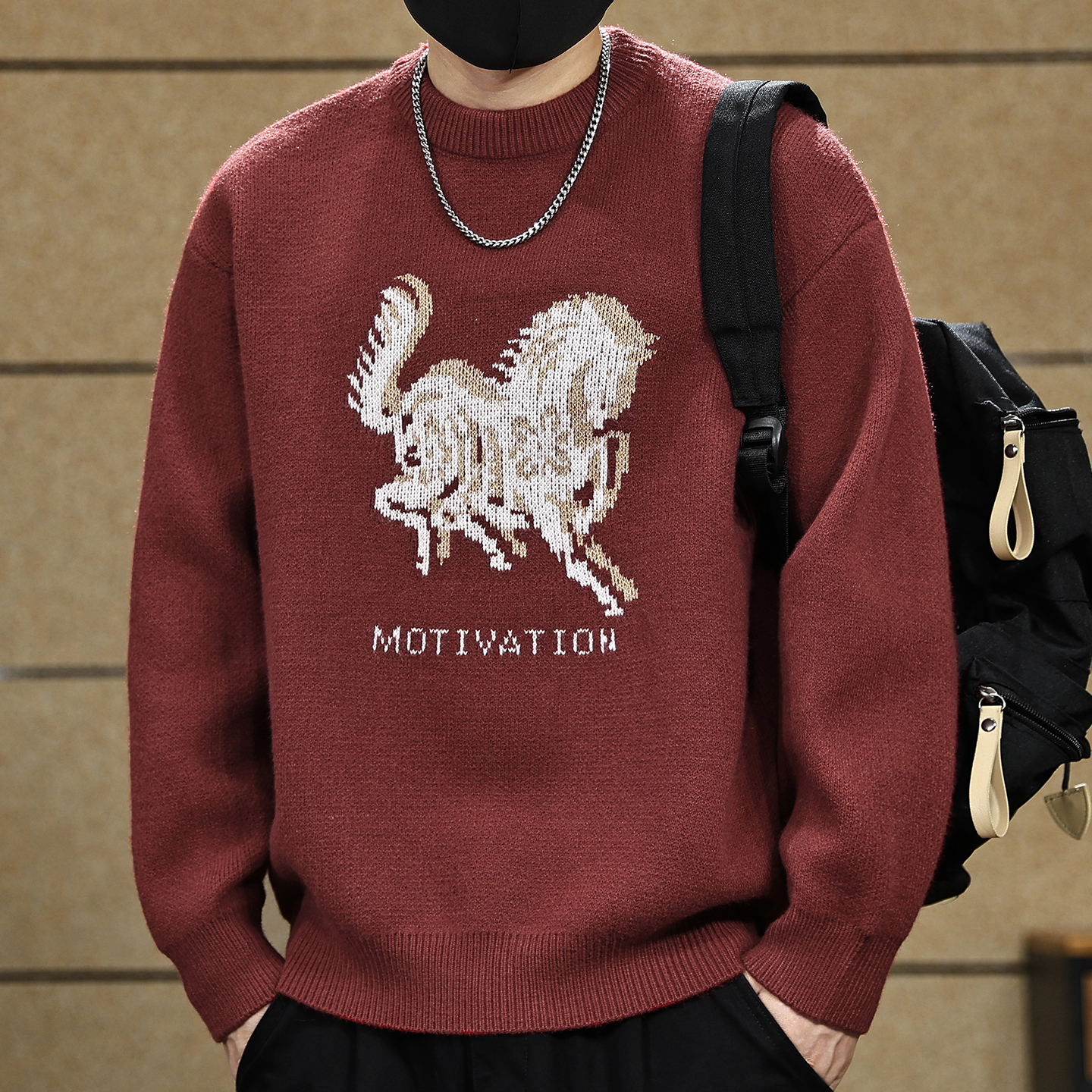 马年印花毛衣男士700G重磅针织衫