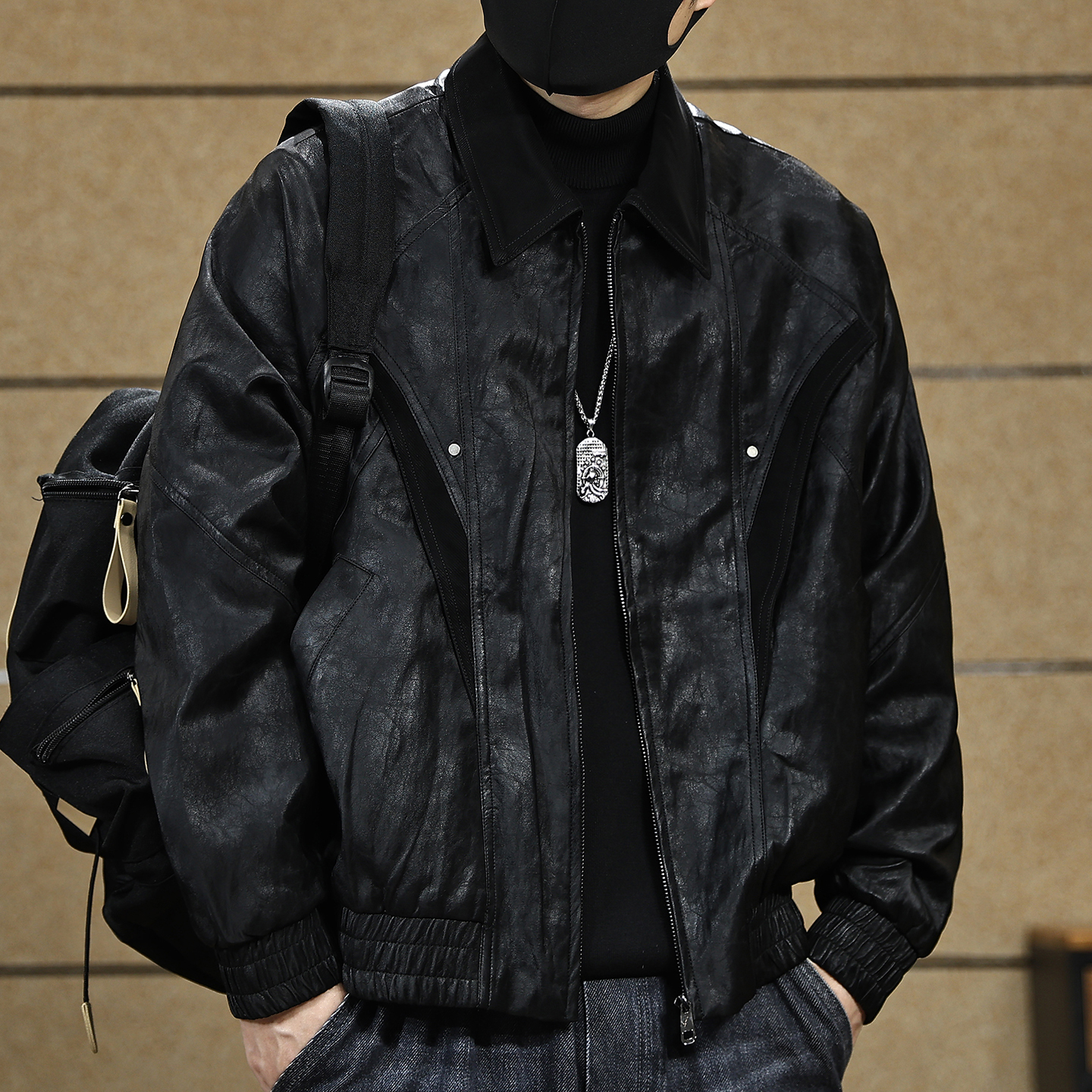 美式复古翻领皮衣外套男士秋冬季宽松通勤PU皮夹克潮牌机车服男装