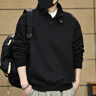 美式复古高级感立领卫衣男黑色秋冬季宽松潮流休闲打底上衣外套男