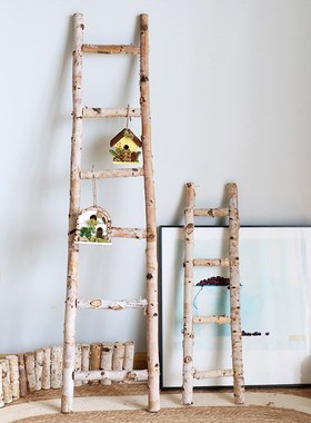 精选白桦木梯子橱窗花艺装饰摆件户外花园庭院幼儿园收纳布置拍摄