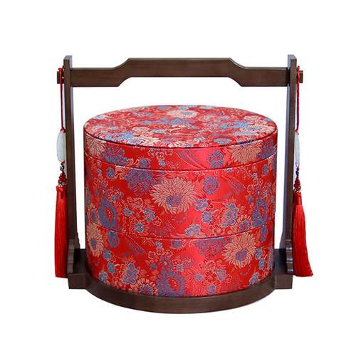 订婚彩礼钱盒子双层圆形提亲聘礼盒陪嫁锦布礼盒干果喜糖婚礼提篮