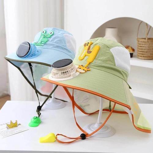 风扇帽子儿童太阳能披肩遮阳帽男女宝宝大檐网眼透气太阳帽防晒帽