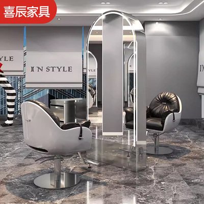 喜辰网红美发店镜子发廊专用单双面理发店镜台带灯剪发镜落地镜子