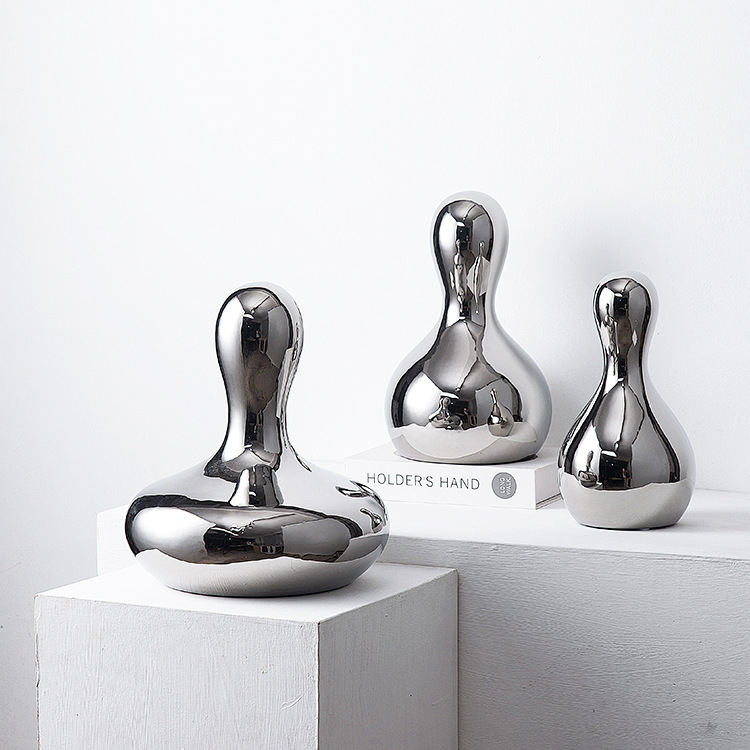 现代简约欧式轻奢电镀银色水滴陶瓷摆件家居样板房售楼处软装摆设