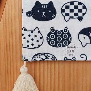精选蓝白猫胖流苏桌旗餐桌茶几布台布长条西餐垫棉麻布艺小清新书