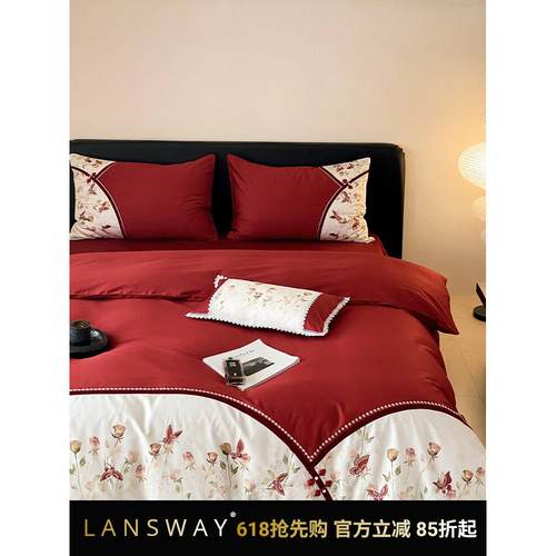 新中式婚庆床上四件套全棉100支长绒棉印花刺绣红色结婚被套床单