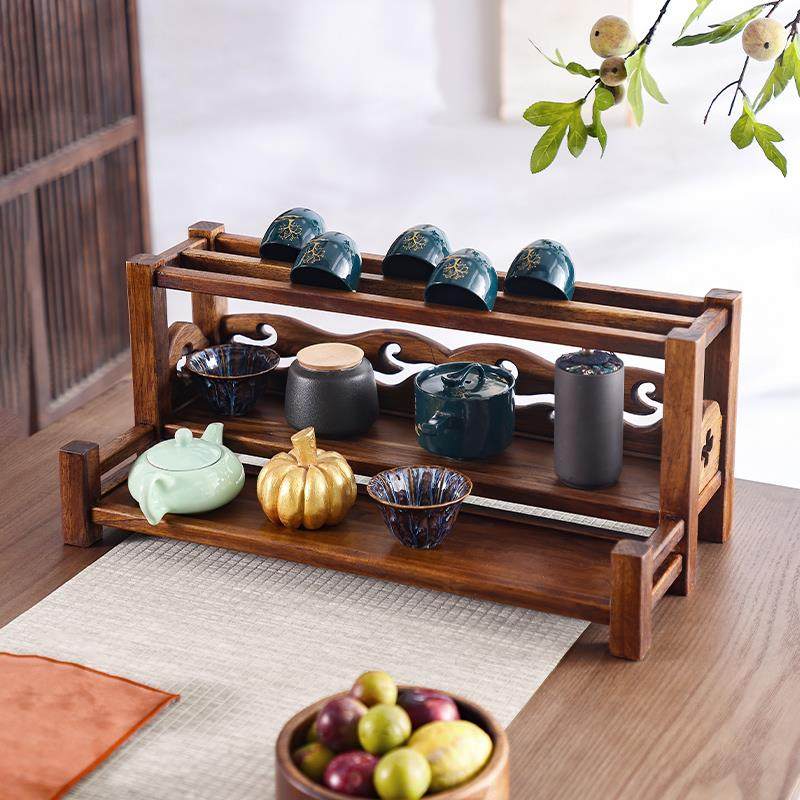 茶台台面 面茶架茶杯架实木茶壶架茶具收纳层架茶桌博古架小架子