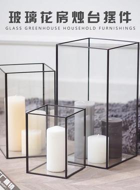 现代简约长方形几何玻璃灯罩浪漫蜡烛烛台餐厅咖啡厅室内装饰摆件