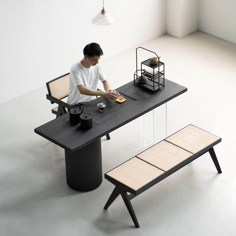 现代简约黑色实木阳台茶桌白蜡木会客洽谈桌烧水壶一体家用茶台